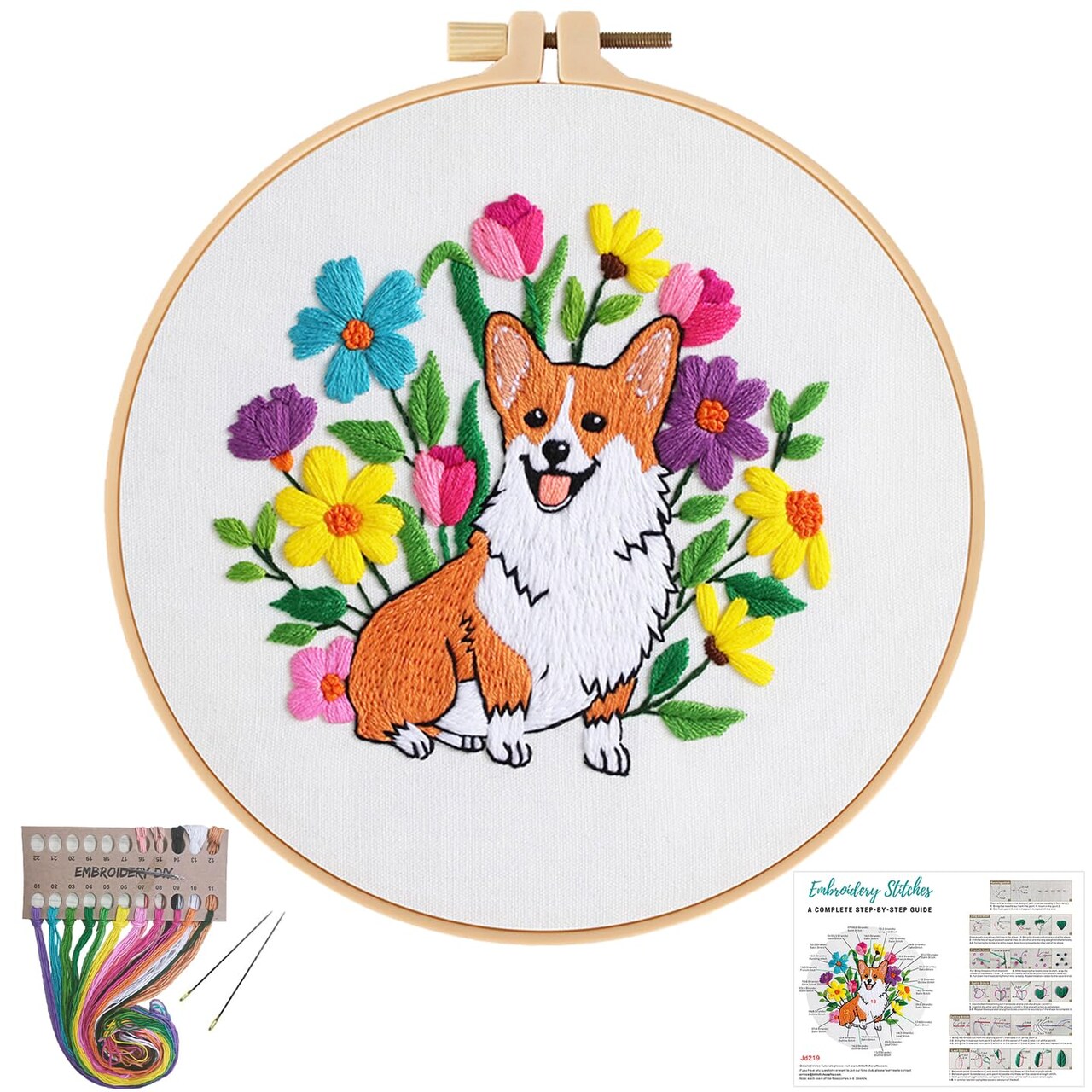 Louise Maelys Cute Dog Embroidery Kits for Beginners with Animal Flowers Pattern,Adults Starter Cross Stitch Kit DIY Needlepoint